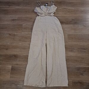 Fashion Nova Rayon Linen Flower Top Pants Jumpsuit Beige Tan Women's Size Large